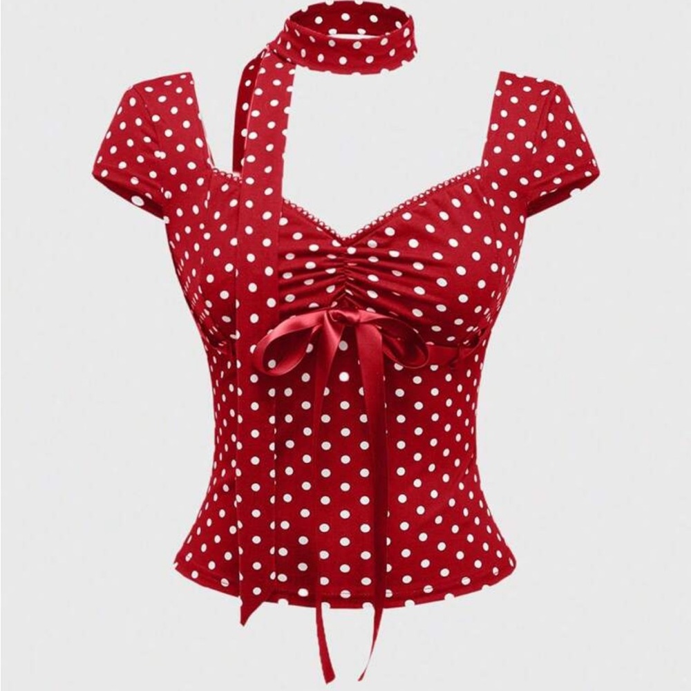 ROMWE Red Polka Dot Blouse with Bow🩷 4/20$
